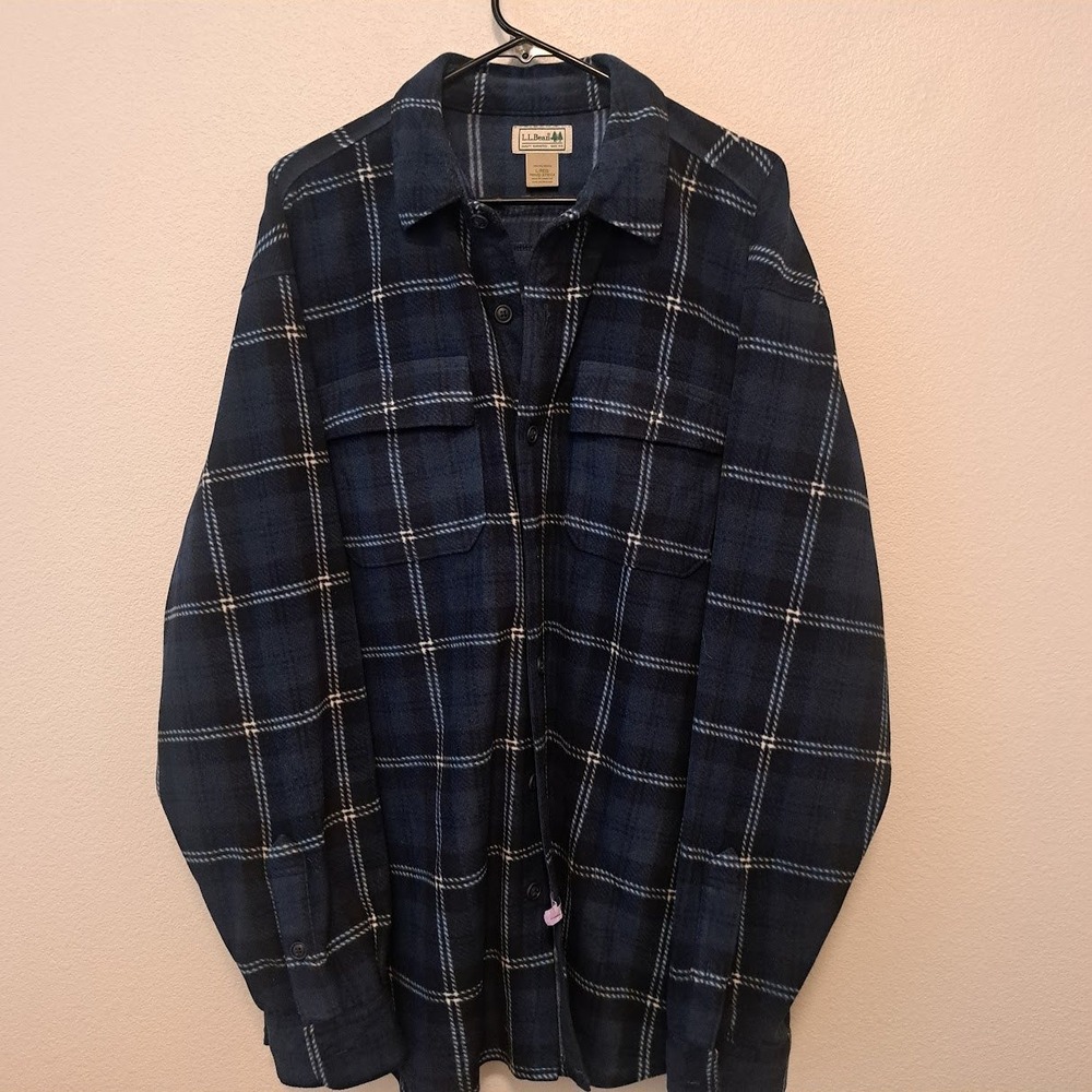 LL Bean Mens Fleece Plaid Flannel Shirt Navy Blue Large Regular 273074